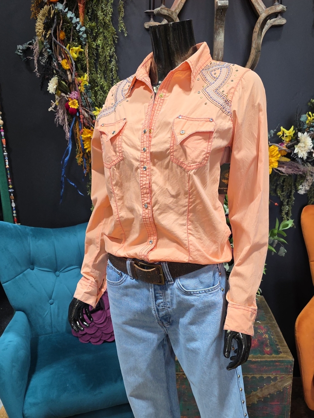 Rock by Wrangler Embellished Peach Button-Down Western Shirt